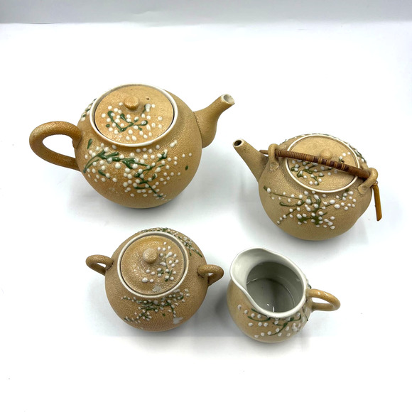 Antique Meiji Period Tea Set 4 Pieces Shark Skin Moriage Porcelain Cream Sugar - Picture 2 of 16